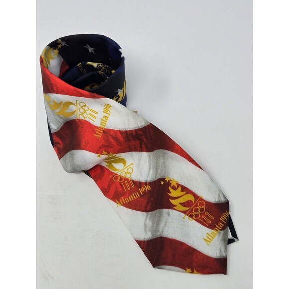 NOS VINTAGE OLYMPICS RED WHITE NECKTIE MENSWEAR TIE ATLANTA 1996 RALPH MARLIN - Picture 2 of 10